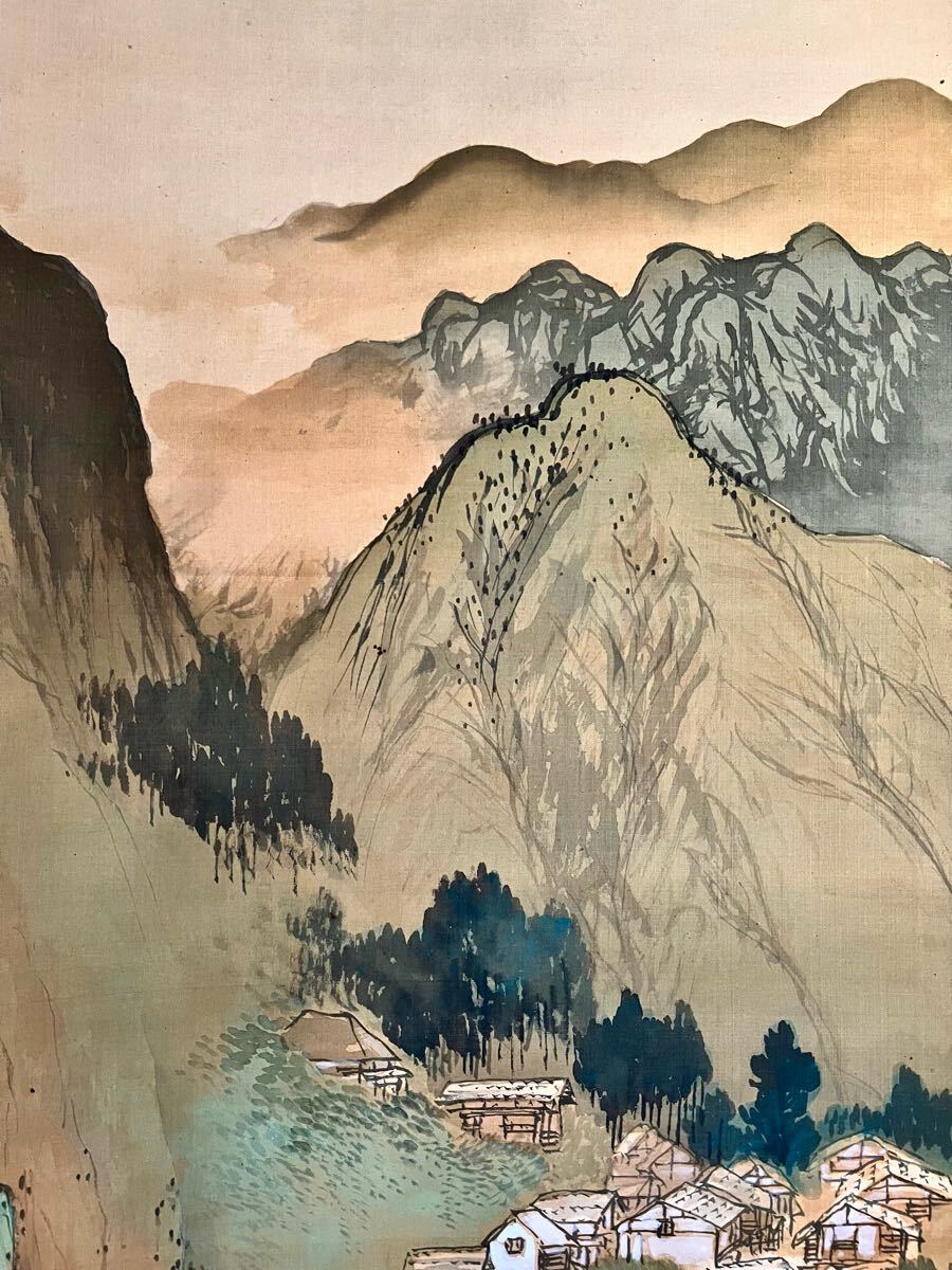 真作】【S8】伊藤龍涯「山村初夏」絹本 肉筆 共箱 風景画 山水図