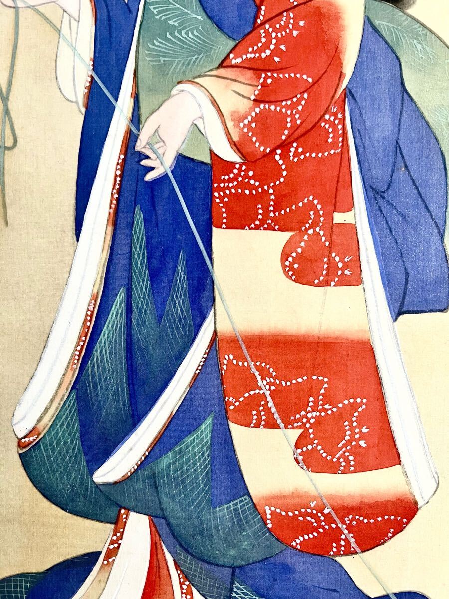 真作】【仙】上村松園「汐汲」絹本 肉筆 合箱 雲母引き 浮世絵