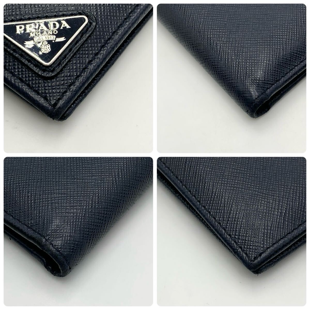PRADA 二つ折り財布 サフィアーノレザー ロゴ金具 青