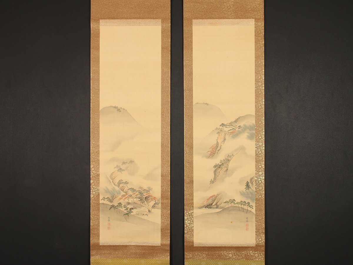 模写】【伝来】am1147〈円山応挙〉双幅 秋景山水図 江戸時代中 模写】【伝来】am1147〈円山応挙〉双幅 秋景山水図 江戸時代中