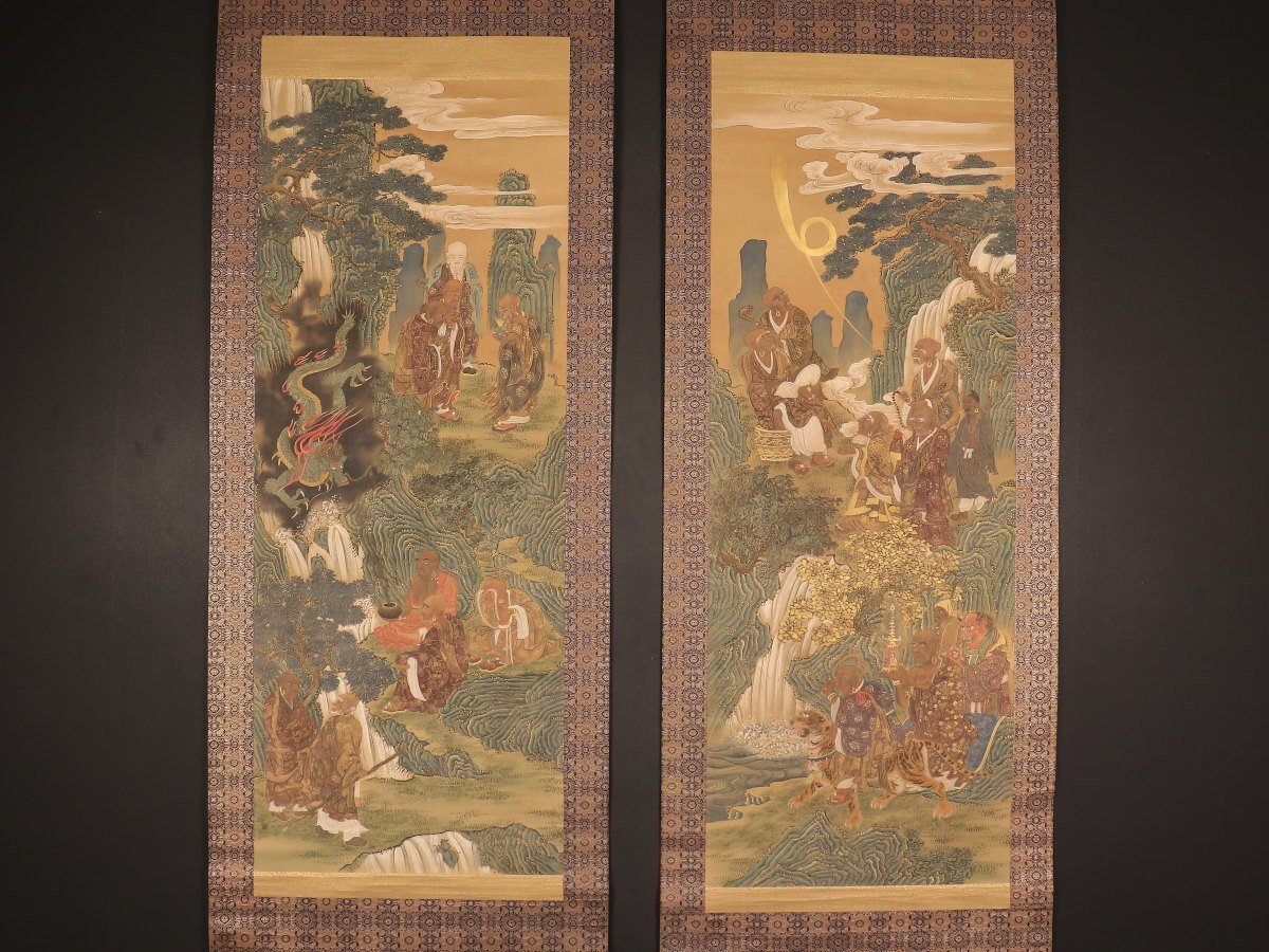 模写】【伝来】am1144〈谷文晁〉双幅 仏画 十六羅漢図 中野雅宗 模写】【伝来】am1144〈谷文晁〉双幅 仏画 十六羅漢図 中野雅宗