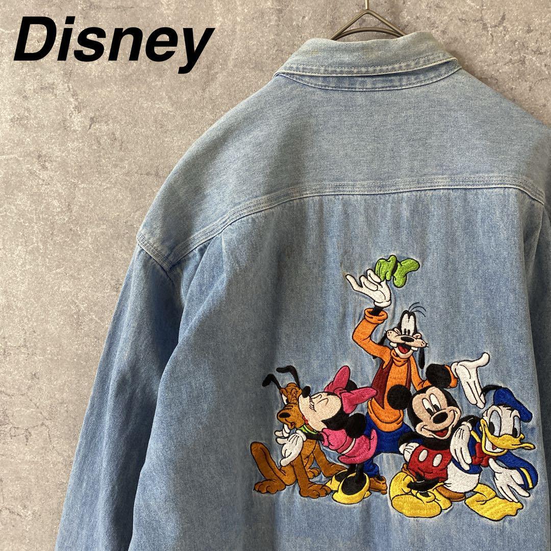 Disneyデニムシャツ　長(zhǎng)袖　背面刺繍　キャラ　大きめSメンズ　ヴィンテージ