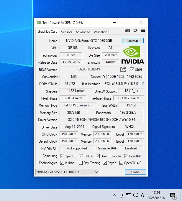 MSI GEFORCE GTX1060 3GB GDDR5 動作確認済み PCパーツ
