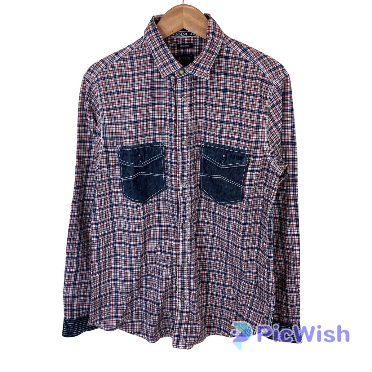 ARMANI JEANS アルマーニジーンズ　men's メンズ　トップス　デニム地　切り替え　チェック柄　長袖　ロングスリーブ　シャツ　size:M 
