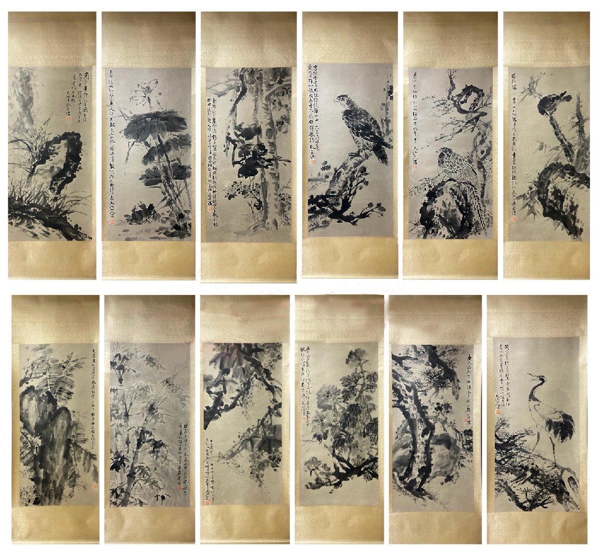 □大成美術□【徐渭書 紙本 花鳥図十二条屏】(検)明代書画家 □大成美術□【徐渭書 紙本 花鳥図十二条屏】(検)明代書画家