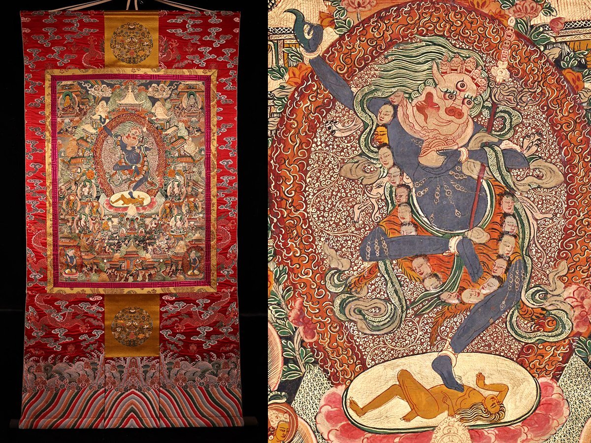 □大成美術□【仏教古美術 明代高僧絵師作 皮革に鉱物顔料 蔵 □大成美術□【仏教古美術 明代高僧絵師作 皮革に鉱物顔料 蔵