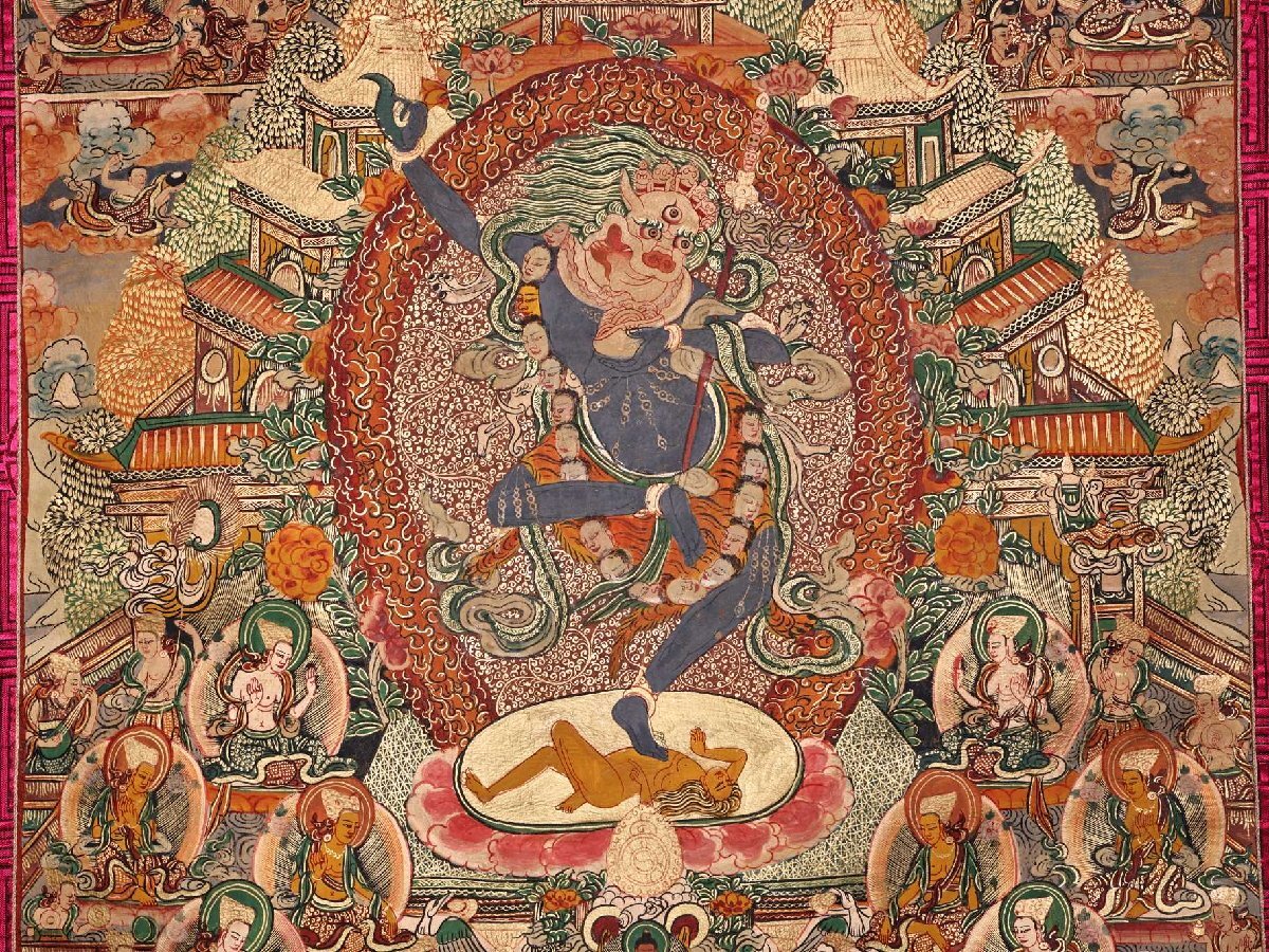 □大成美術□【仏教古美術 明代高僧絵師作 皮革に鉱物顔料 蔵 □大成美術□【仏教古美術 明代高僧絵師作 皮革に鉱物顔料 蔵