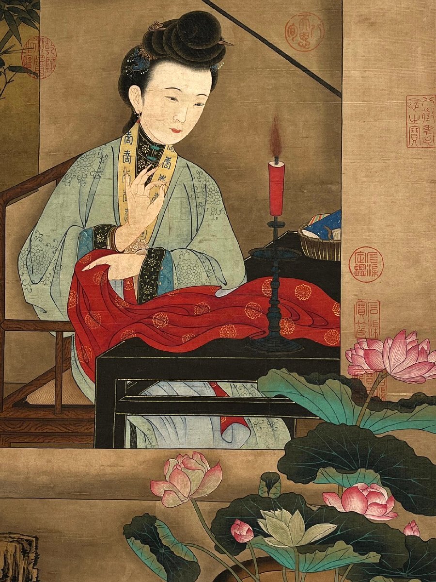 □大成美術□【郎世寧書 絹本 十二美女図十二条屏】 (検)清代 □大成美術□【郎世寧書 絹本 十二美女図十二条屏】 (検)清代