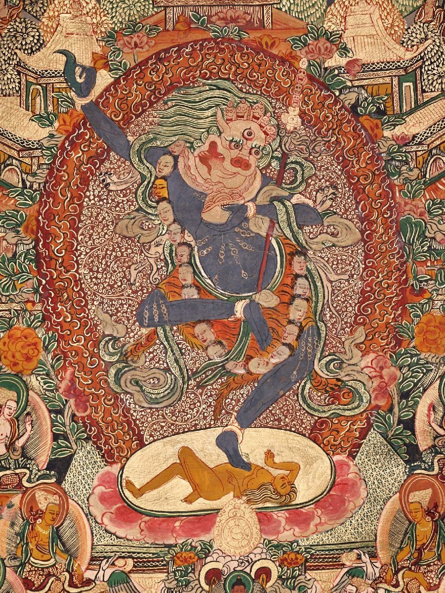 □大成美術□【仏教古美術 明代高僧絵師作 皮革に鉱物顔料 蔵 □大成美術□【仏教古美術 明代高僧絵師作 皮革に鉱物顔料 蔵