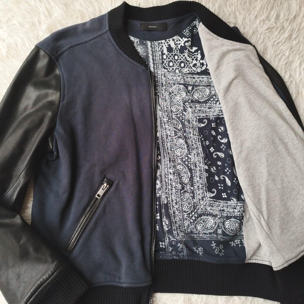 美品 羊革 L相当】 DIESEL ディーゼル スタジャン 袖ラムレザー 美品 羊革 L相当】 DIESEL ディーゼル スタジャン 袖ラムレザー
