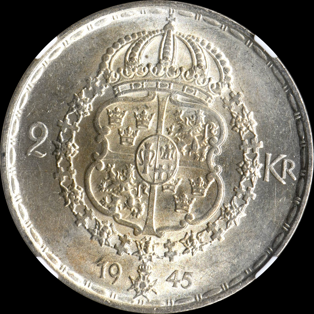 ☆土終 【NGC MS63】1945G スウェーデン 2K銀貨 未使用 //世界