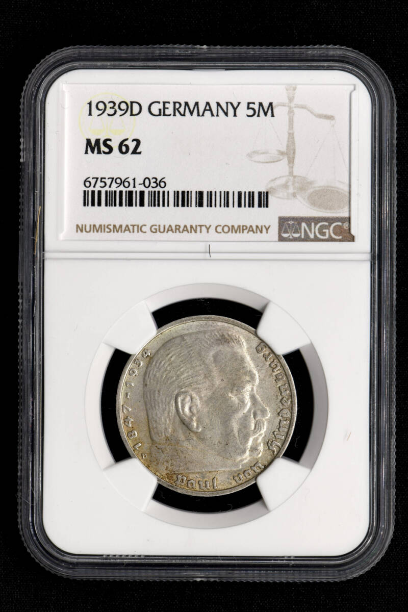 ☆日終 【NGC MS62】1939D ドイツ 5M銀貨 未使用 //世界コイン
