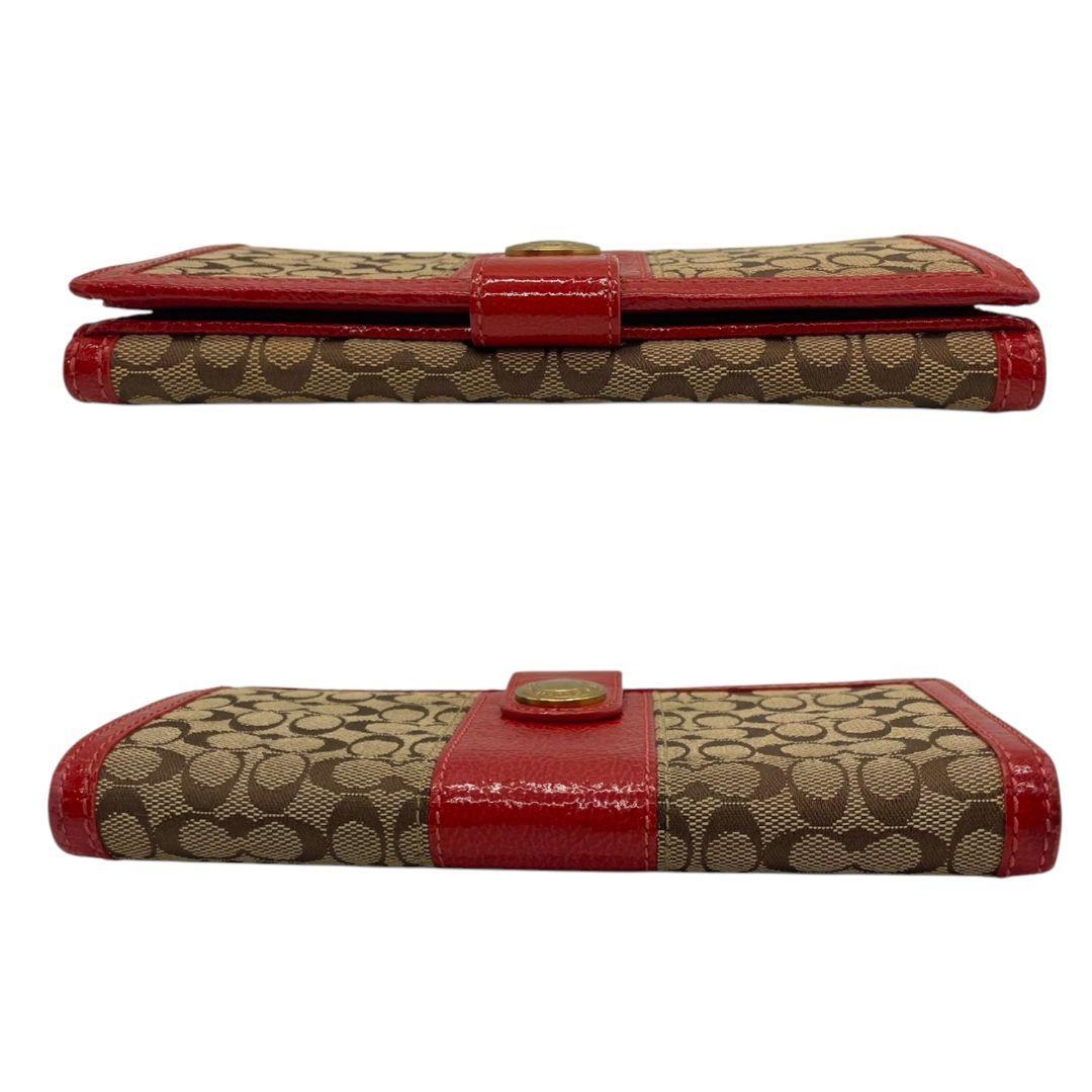 美品 コーチ 長財布 赤 シグネチャー COACH フラップ キャンバス