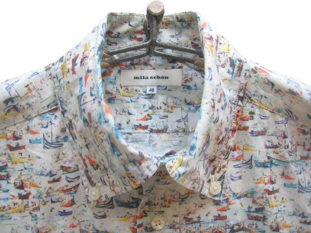 美品日本製!!ミラショーン mila schon*ロゴ刺繍 ヨット総柄プリント ボタンダウンシャツ 46 実寸M 白系 ホワイト_画像3