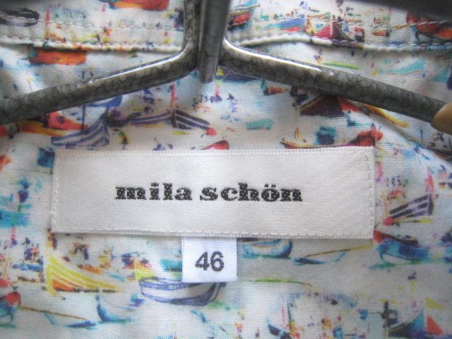 美品日本製!!ミラショーン mila schon*ロゴ刺繍 ヨット総柄プリント ボタンダウンシャツ 46 実寸M 白系 ホワイト_画像4