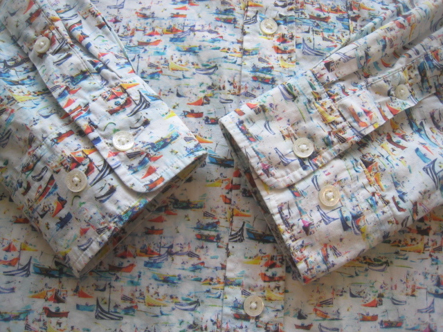 美品日本製!!ミラショーン mila schon*ロゴ刺繍 ヨット総柄プリント ボタンダウンシャツ 46 実寸M 白系 ホワイト_画像7