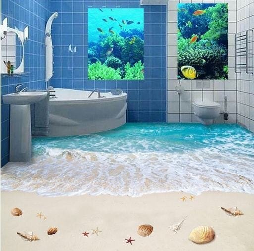C457 巨大 3D フロアマット 1.3m*2.2m* ビーチ 砂浜 海 貝殻 風景 景色 リフォーム 防音 断熱 滑り止めシート 床 壁 天井 はがせるシール