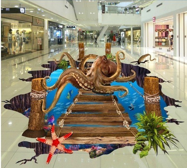 C670 巨大 3D フロアマット 3m*6m* 巨大タコ出現! 落とし穴 トリックアート 吊り橋 防音 断熱 滑り止めシート 床 壁 天井 シール