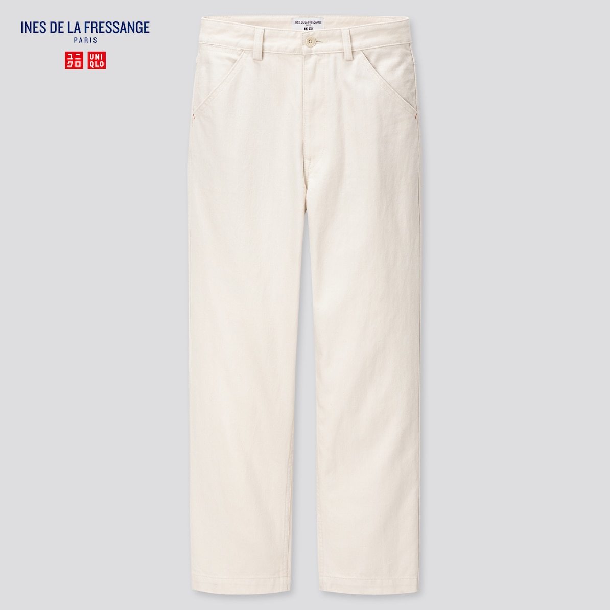 【新品?27インチ?オフホワイト】ユニクロ×イネス INES DE LA FRESSANGE ストレートジーンズ　ステッチワークやディテールをアレンジ