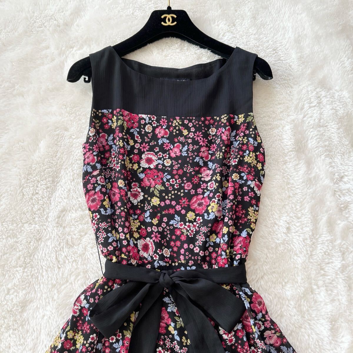 ローラアシュレイ 花柄 ワンピース ノースリーブ ウエストリボン Mサイズ