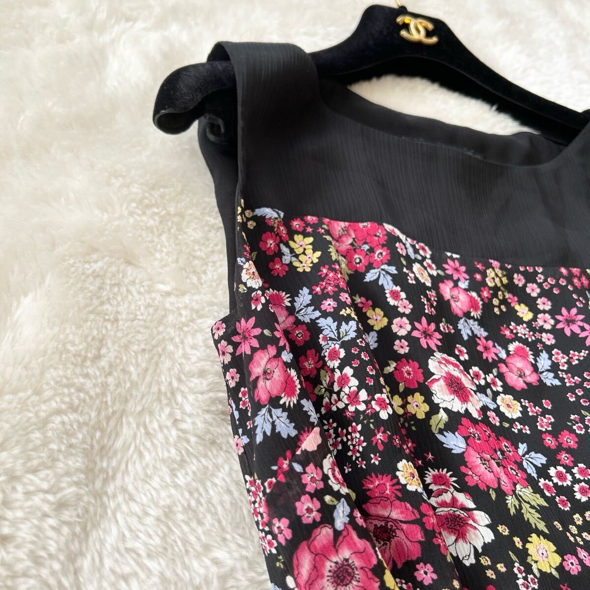 ローラアシュレイ 花柄 ワンピース ノースリーブ ウエストリボン Mサイズ