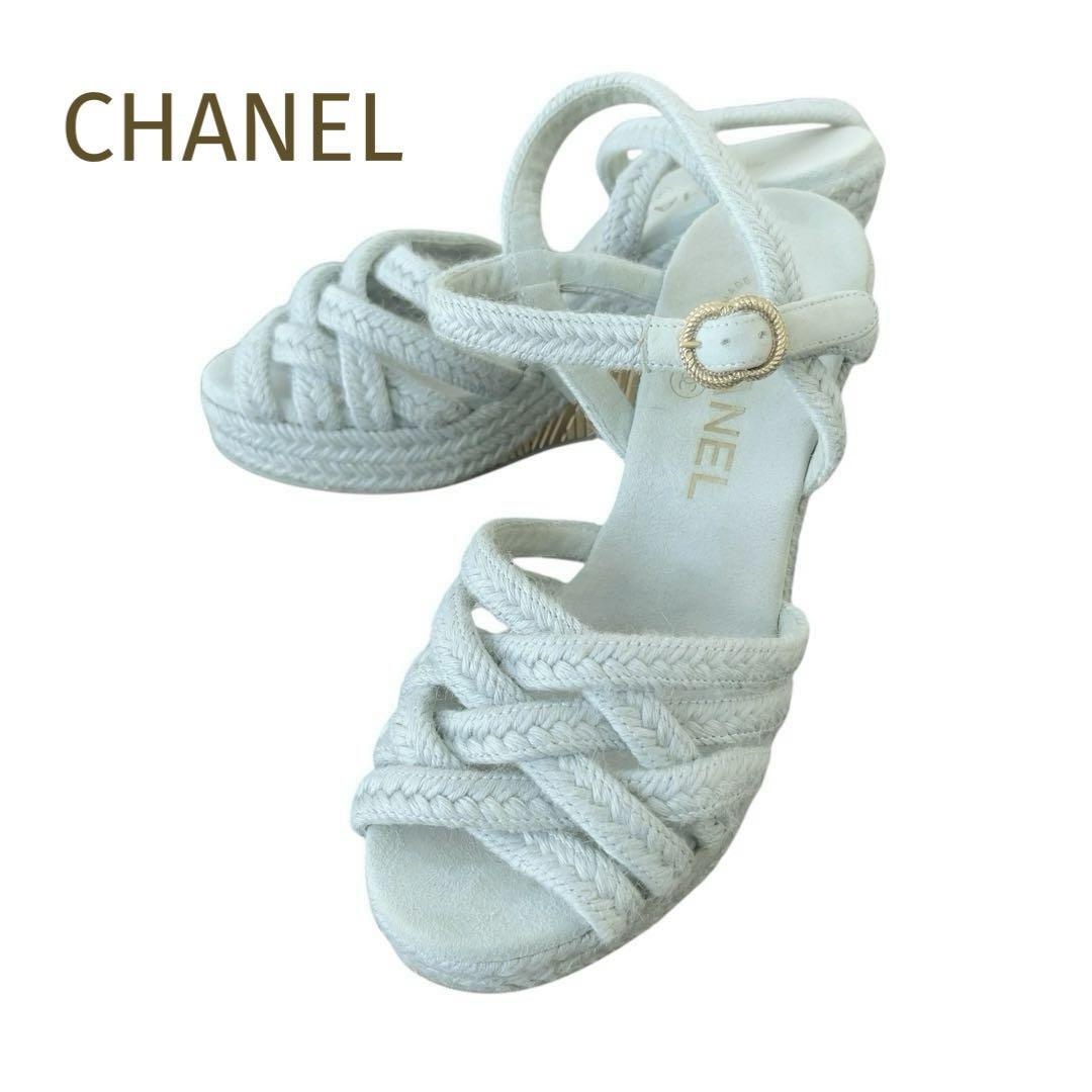 ☆CHANEL☆シャネル ココマーク ウェッジソールサンダル ゴールド金具 ブルー サイズ35(22.0cm)