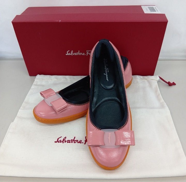 新品未使用 Salvatore Ferragamo サルヴァトーレフェラガモ SAVINA リボン フラットシューズ バレエシューズ ピンク サイズ4 1/2