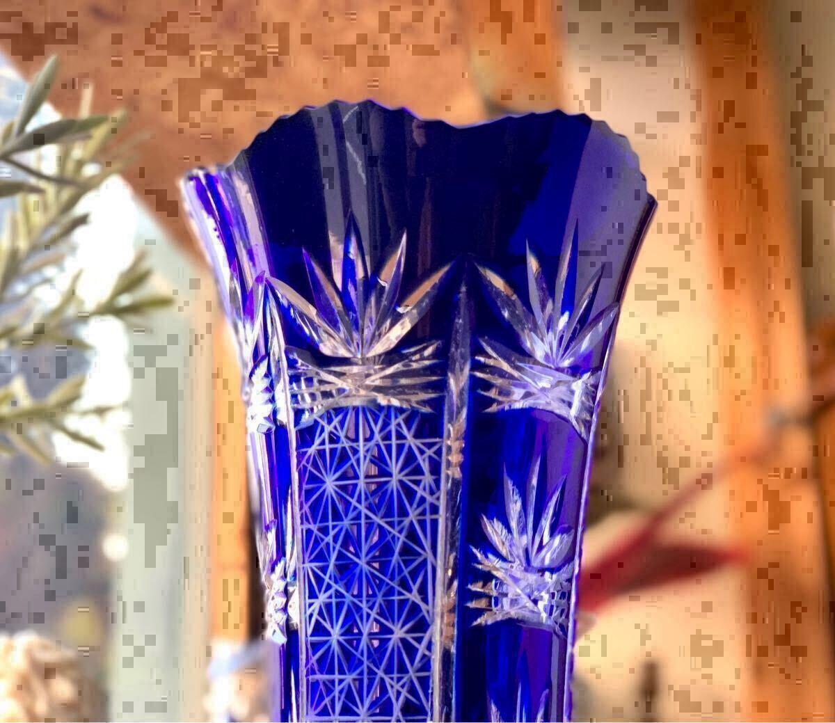 未使用】 切子 花瓶 フラワーベース カットガラス 青 花器