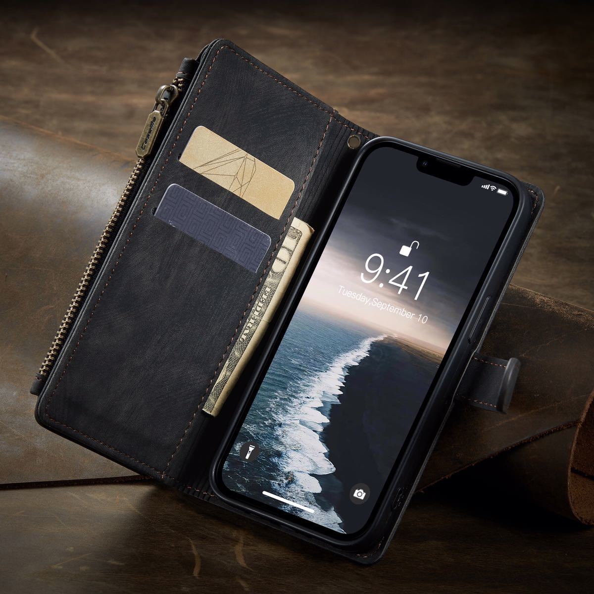 iPhone 15 pro max レザーケース iPhone15 pro max カバー アイフォン15 プロ マックス ケース カード収納 手帳型 お財布付き ブラック