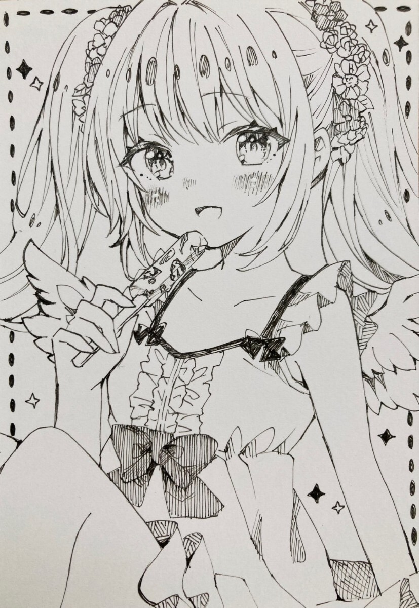 大特価放出！ 手描きイラスト モノクロ オリジナル 女の子 ペン画 ハガキ 絵画