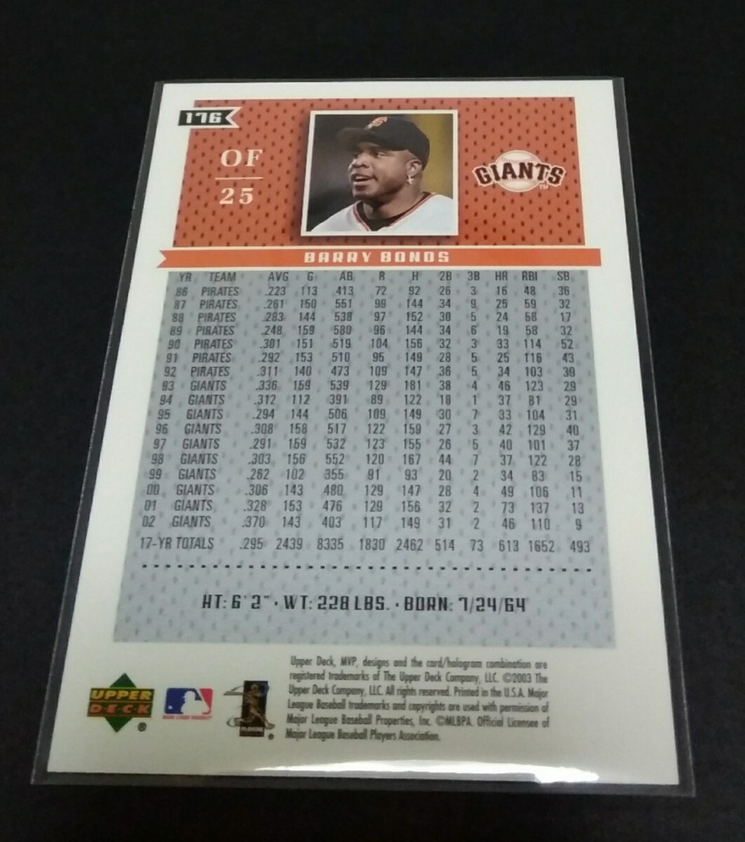MLB 2003年upper deck MVP バリー?ボンズ(ジャイアンツ) No,176。Giants BARRY BONDS 