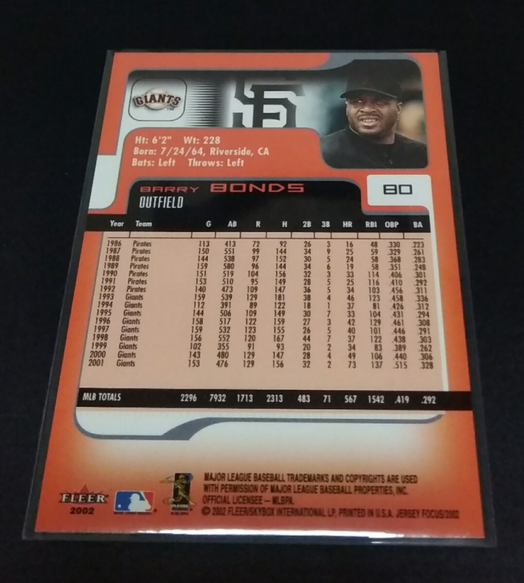 MLB 2002年FLEER Focus バリー?ボンズ(ジャイアンツ) Jersey Edition No,80。 Giants BARRY BONDS 