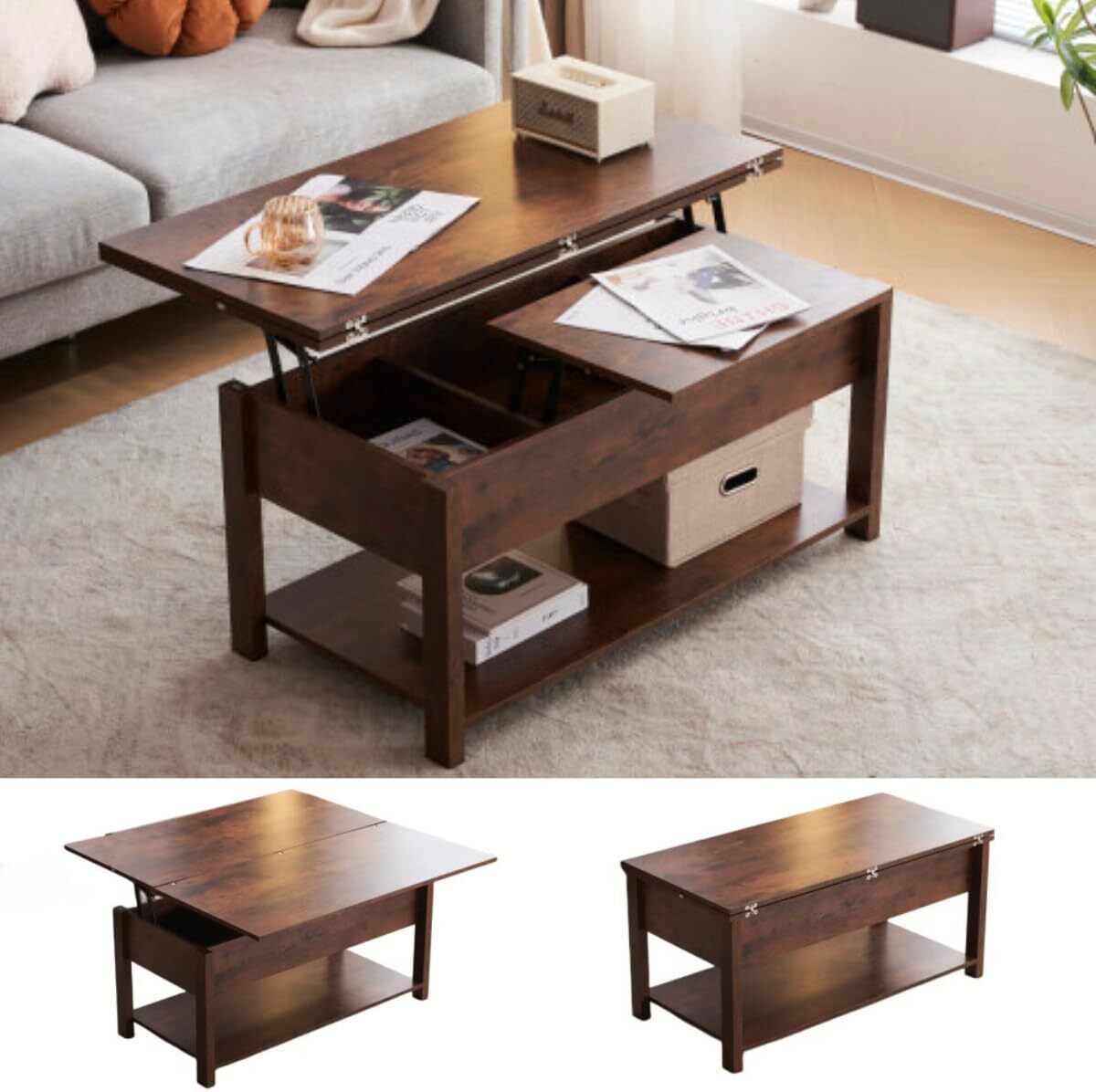 ローテーブル 収納付き センターテーブル 天板昇降式 天板2倍展開可能