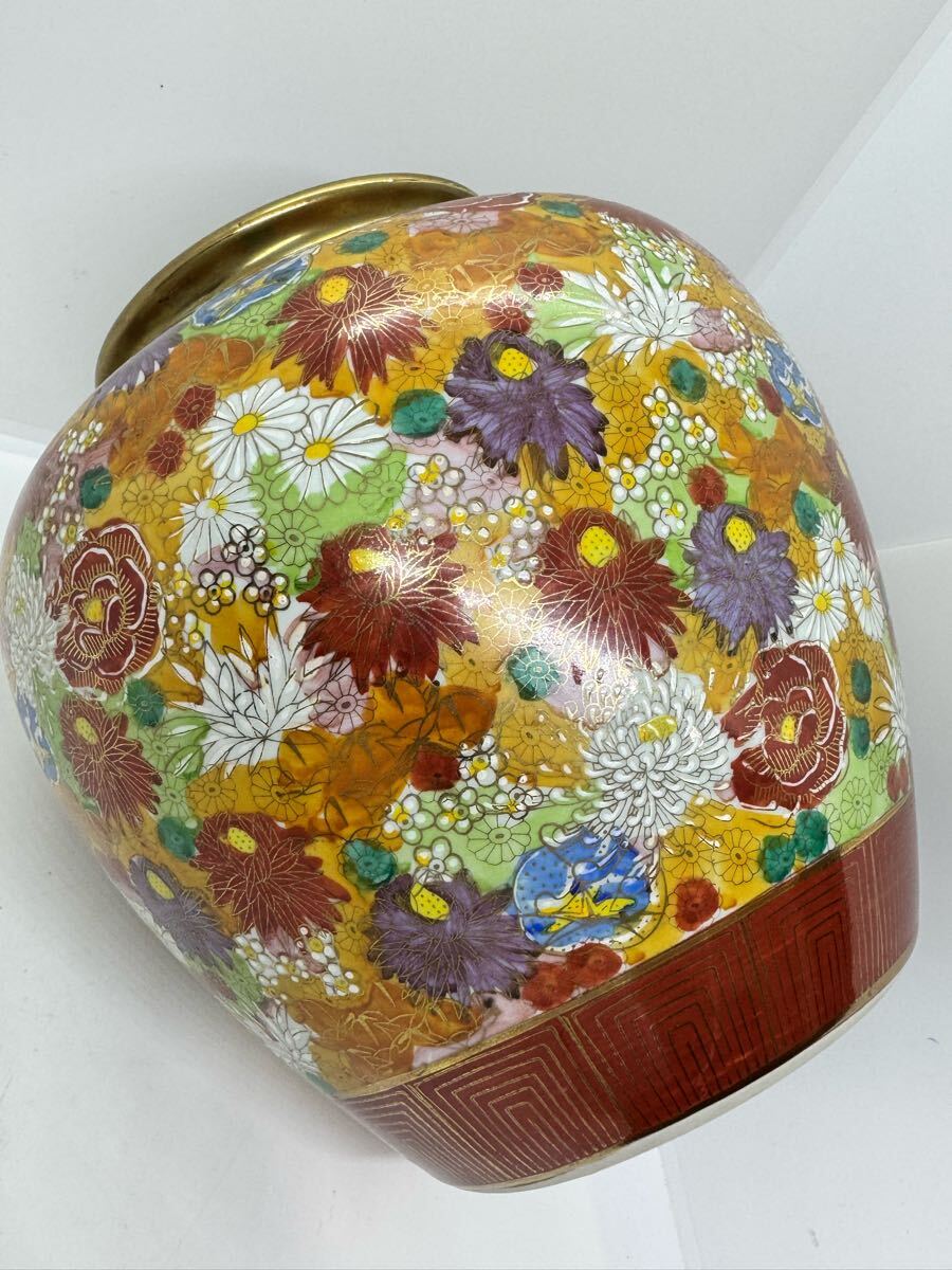 ◇九谷焼 九谷春洋 色絵金彩花詰文花瓶 花器 約22cm 花入 金彩 ◇九谷焼 九谷春洋 色絵金彩花詰文花瓶 花器 約22cm 花入 金彩