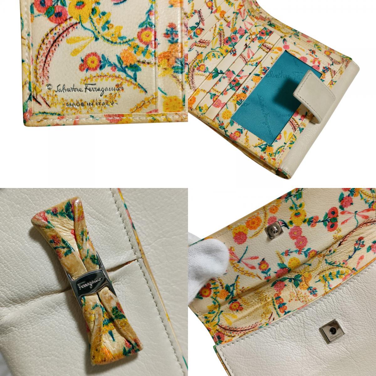  хорошая вещь Salvatore Ferragamo Salvatore Ferragamo кожа vala лента цветочный принт двойной бумажник compact бумажник бежевый 