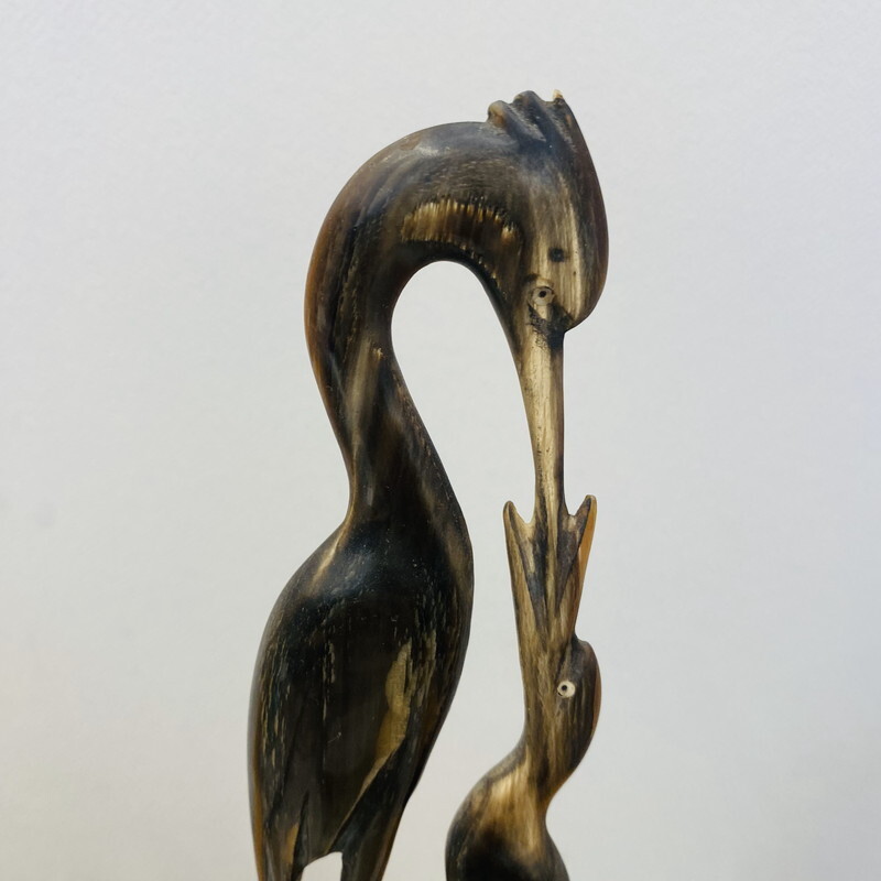 ICH【中古美品】水牛 水牛の角 鳥の親子 オブジェ インテリア ICH【中古美品】水牛 水牛の角 鳥の親子 オブジェ インテリア