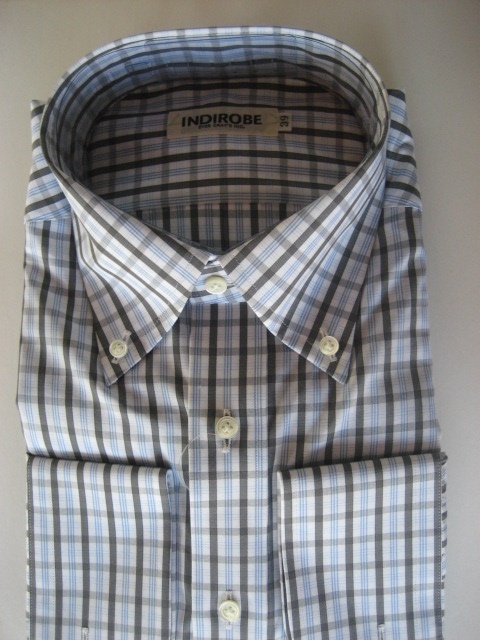 ワイシャツ ボタンダウン グレー チェック 長袖 シャツ イタリア輸入生地使用 日本製 スリムフィット 綿100% (39-83 M寸) 未使用品_画像1