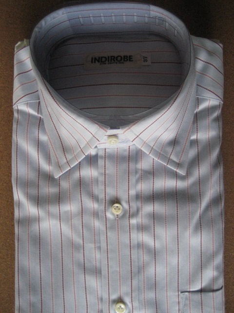 ワイシャツ ブルー×ピンク ストライプ セミワイドカラー 長袖 シャツ 日本製 綿100% (37 S サイズ) 未使用品_画像1