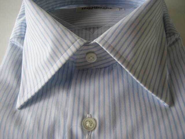ワイシャツ ブルー ストライプ レギュラー 長袖 シャツ イタリア輸入生地使用 日本製 スリムフィット 綿100% (41-88 L サイズ) 未使用品_画像5