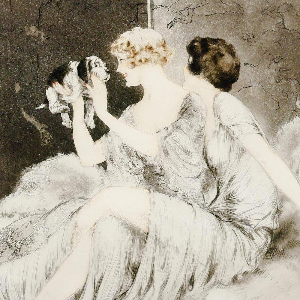 真作】【WISH】ルイ・イカール Louis Icart「小犬」銅版画 10号 真作】【WISH】ルイ・イカール Louis Icart「小犬」銅版画 10号