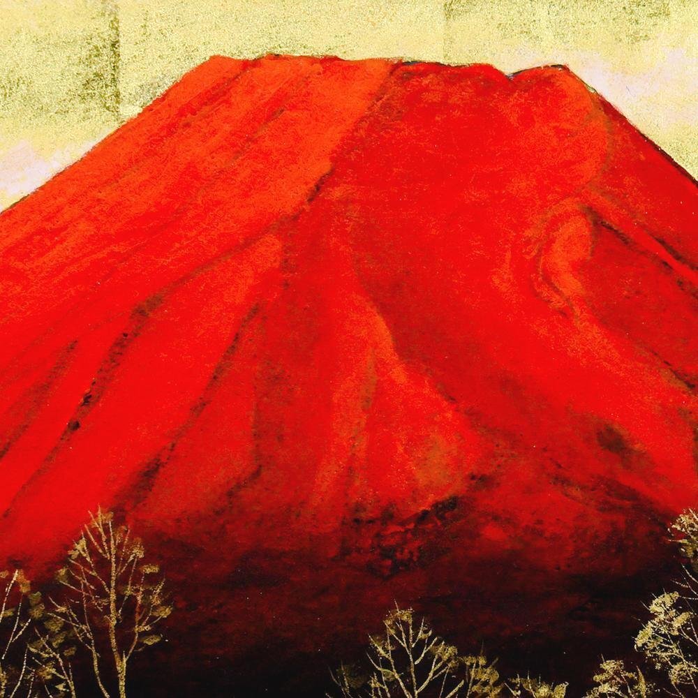 真作】【WISH】桝田靖夫「赤富士」日本画 3号 金落款 金箔・金泥 真作】【WISH】桝田靖夫「赤富士」日本画 3号 金落款 金箔・金泥