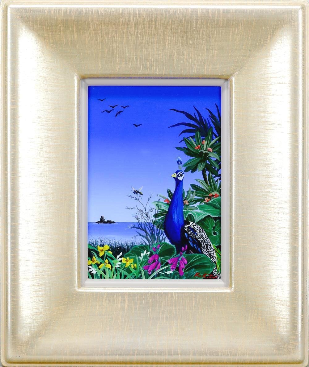 真作】【WISH】北久美子「光景」油彩 SM ◇鮮やか孔雀 〇花鳥画 真作】【WISH】北久美子「光景」油彩 SM ◇鮮やか孔雀 〇花鳥画