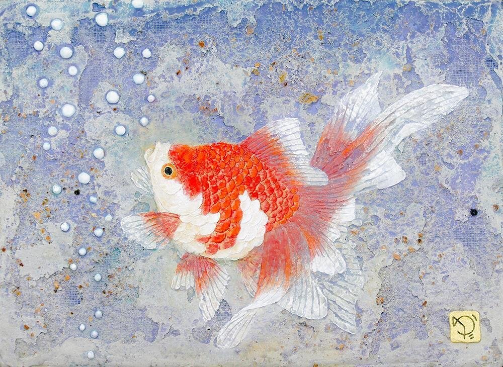 真作】【WISH】阿部穣「琉金」日本画 金泥仕様 共シール ◇金魚 真作】【WISH】阿部穣「琉金」日本画 金泥仕様 共シール ◇金魚