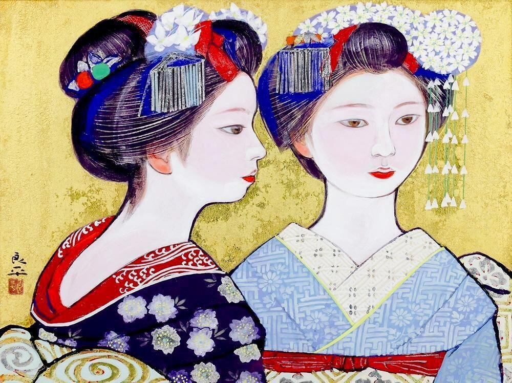 真作】【WISH】三輪良平「舞妓」日本画 12号 大作 金箔 真作】【WISH】三輪良平「舞妓」日本画 12号 大作 金箔