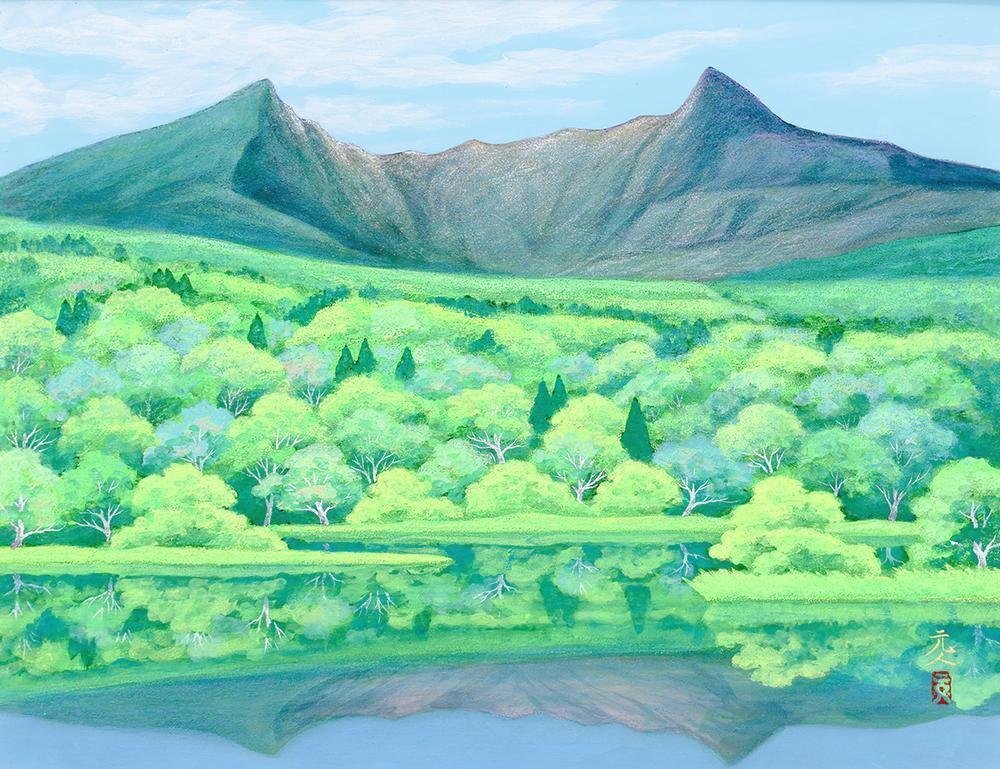 真作】【WISH】杉原元人 日本画 10号 金落款 磐梯山 新緑の樹々 真作】【WISH】杉原元人 日本画 10号 金落款 磐梯山 新緑の樹々