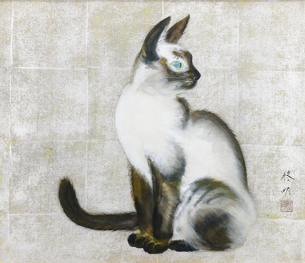 真作】【WISH】安西啓明 日本画 約10号 金泥仕様 絹本 ◇白猫 〇 真作】【WISH】安西啓明 日本画 約10号 金泥仕様 絹本 ◇白猫 〇