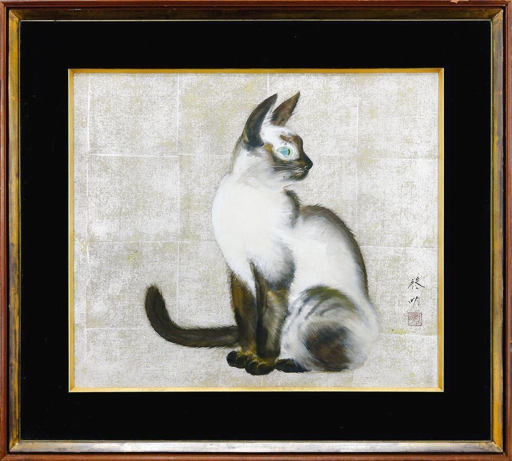 真作】【WISH】安西啓明 日本画 約10号 金泥仕様 絹本 ◇白猫 〇 真作】【WISH】安西啓明 日本画 約10号 金泥仕様 絹本 ◇白猫 〇