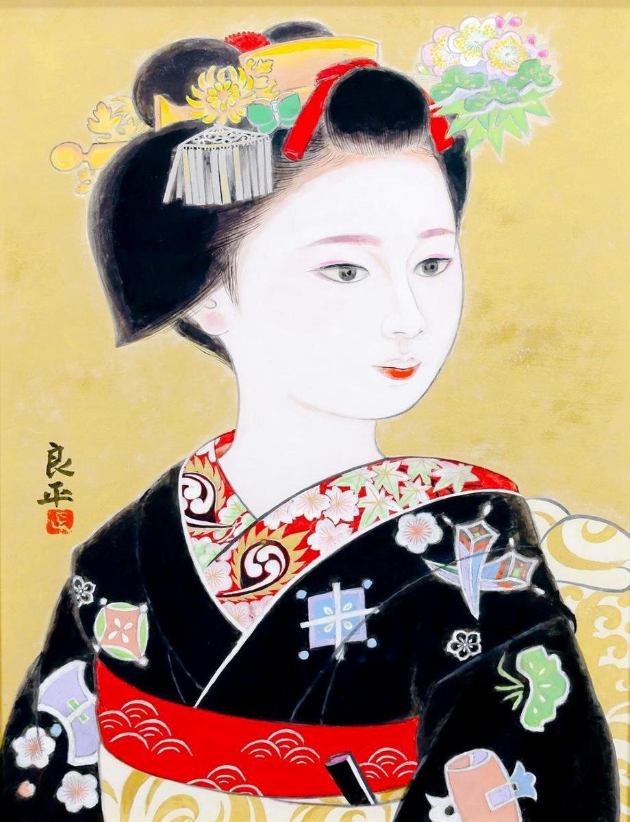 真作】【WISH】三輪良平「舞妓」日本画 10号 金泥仕様 共シール 真作】【WISH】三輪良平「舞妓」日本画 10号 金泥仕様 共シール