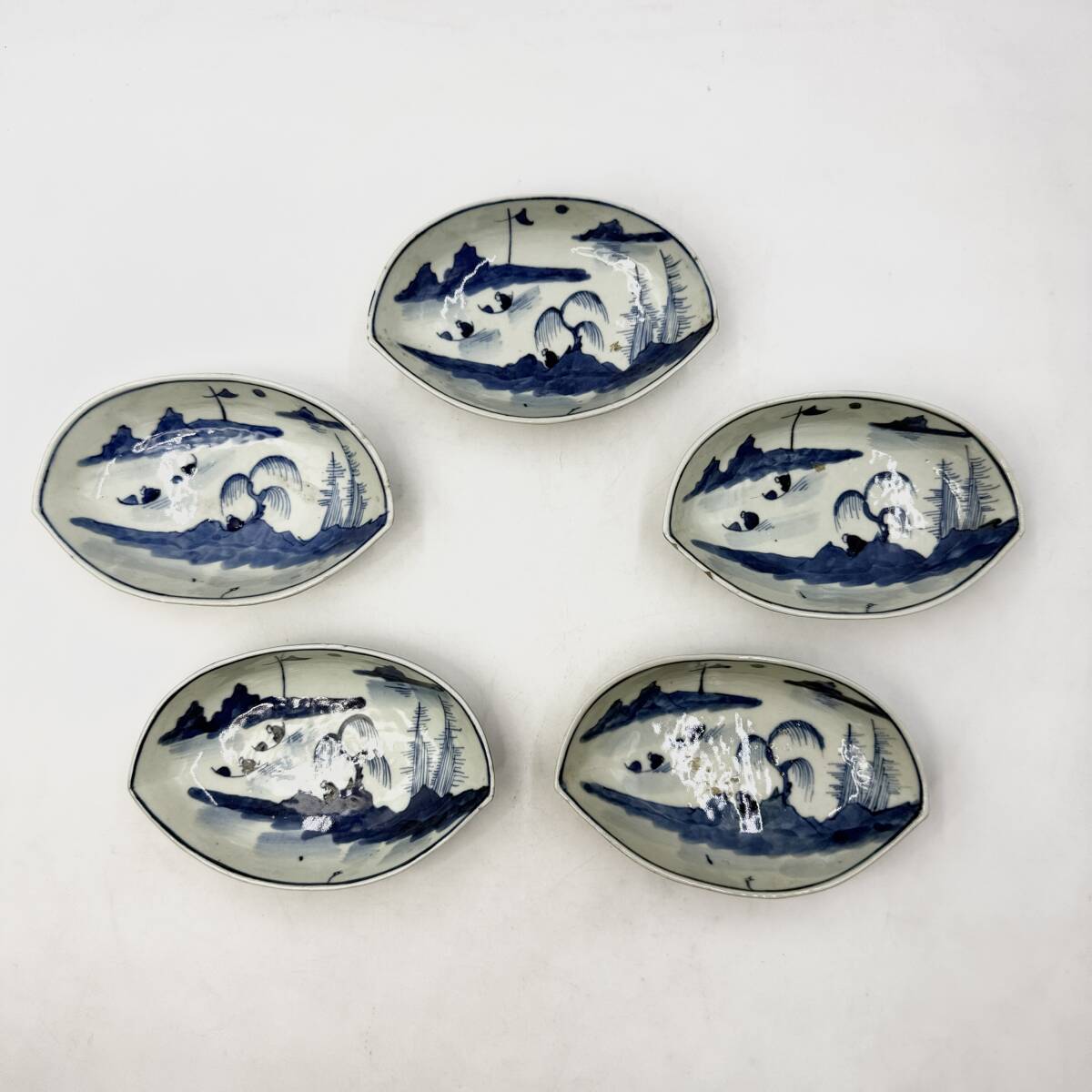 時代物 旧家整理品 清朝期 古染付山水人物文四足向付 五客 良い 時代物 旧家整理品 清朝期 古染付山水人物文四足向付 五客 良い