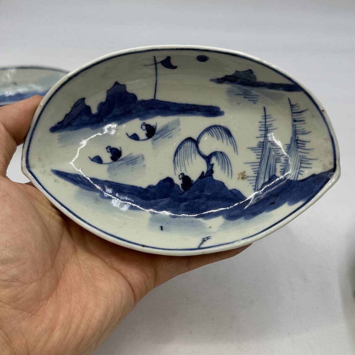 時代物 旧家整理品 清朝期 古染付山水人物文四足向付 五客 良い 時代物 旧家整理品 清朝期 古染付山水人物文四足向付 五客 良い